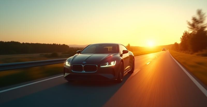 Moderní auto na české dálnici při východu slunce